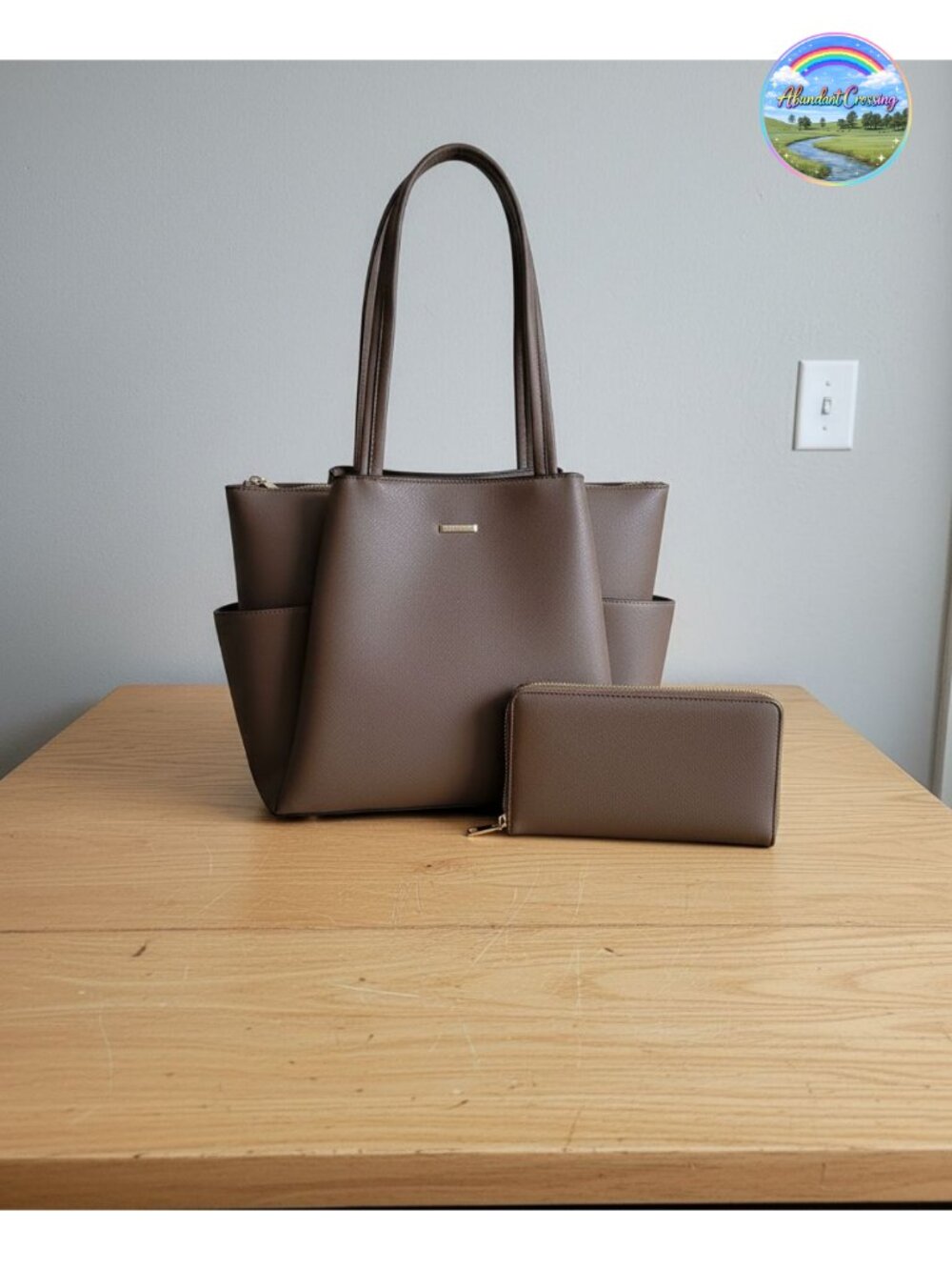 Synthetic Leather Tote Handbag & Wallet Set with RFID Blocking